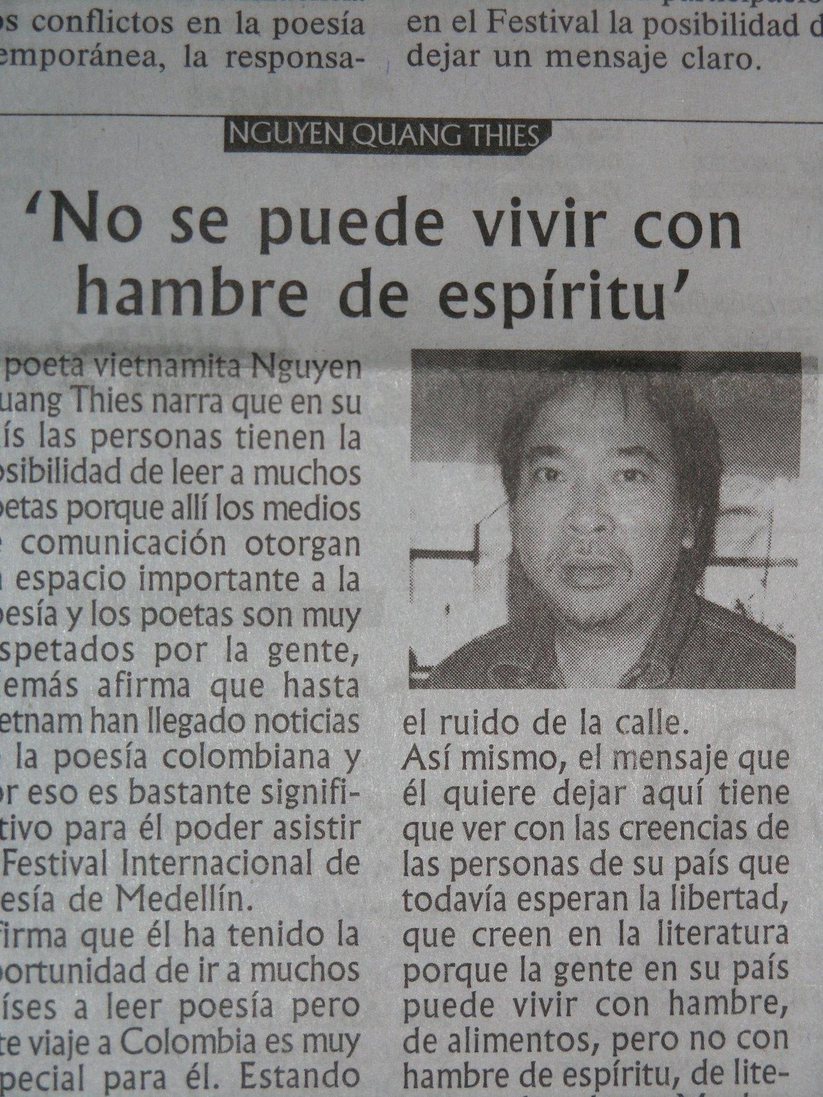 Nhà văn Nguyễn Quang Thiều trên báo Colombia. Nhà văn Nguyễn Quang Thiều trên báo Colombia.