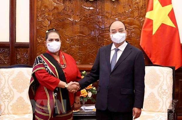 Chủ tịch nước Nguyễn Xuân Phúc tiếp bà Maria Olandina Isabel Caeiro Alves, Đại sứ Timor Leste tại Việt Nam. (Ảnh: Thống Nhất/TTXVN)