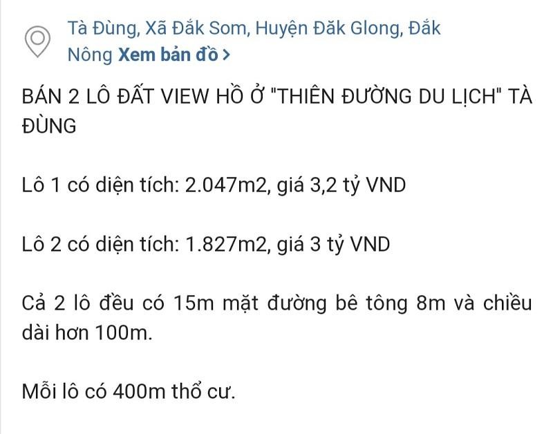 Một mẫu quảng cáo, rao bán đất khu vực hồ Tà Đùng trên các trang mạng. Ảnh: PV chụp lại