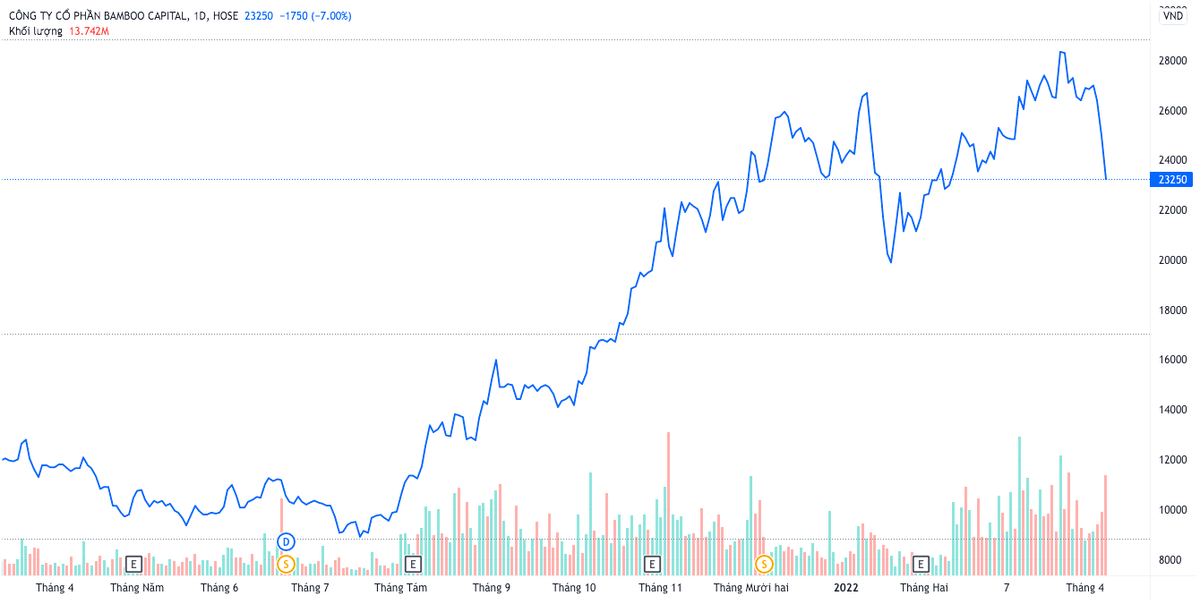 Diễn biến giá cổ phiếu BCG trong một năm qua. Khép phiên 8/4, cổ phiếu BCG về mức 23.250 đồng/cổ phiếu. (Nguồn: TV).
