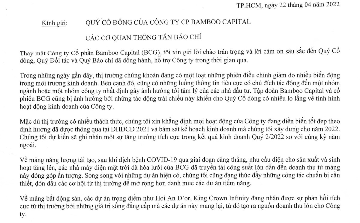Thông cáo của Chủ tịch Bamboo Capital gửi các cổ đông Thông cáo của Chủ tịch Bamboo Capital gửi các cổ đông