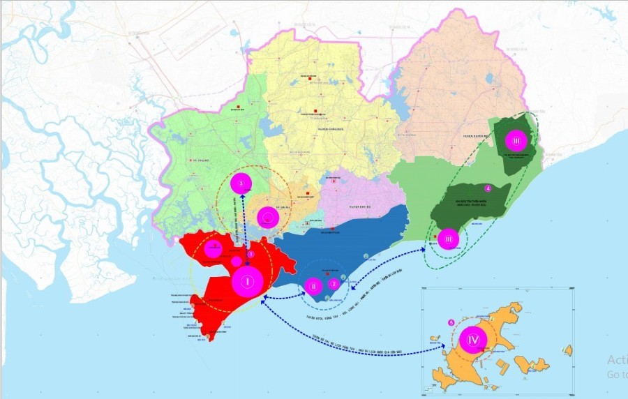 Bản đồ phương án phát triển du lịch tỉnh BR-VT (Các điểm màu hồng được quy hoạch là trung tâm, cụm, điểm du lịch) - Ảnh: Sở KH&amp;ĐT tỉnh BR-VT