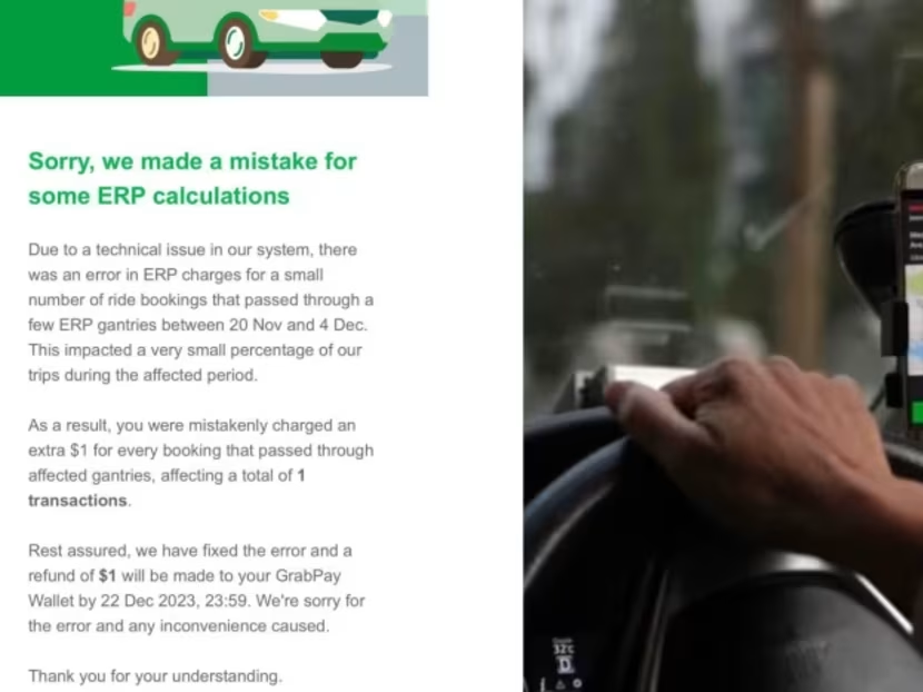 Thông báo của Grab đến các khách hàng về lỗi tính phí ERP. Ảnh: Today Online