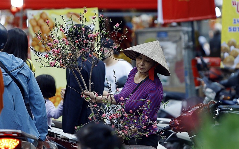 Những cành đào nhỏ để cắm ban thờ, hay bày trên bàn trà cũng được bán với giá từ 120.000 đến 150.000 đồng