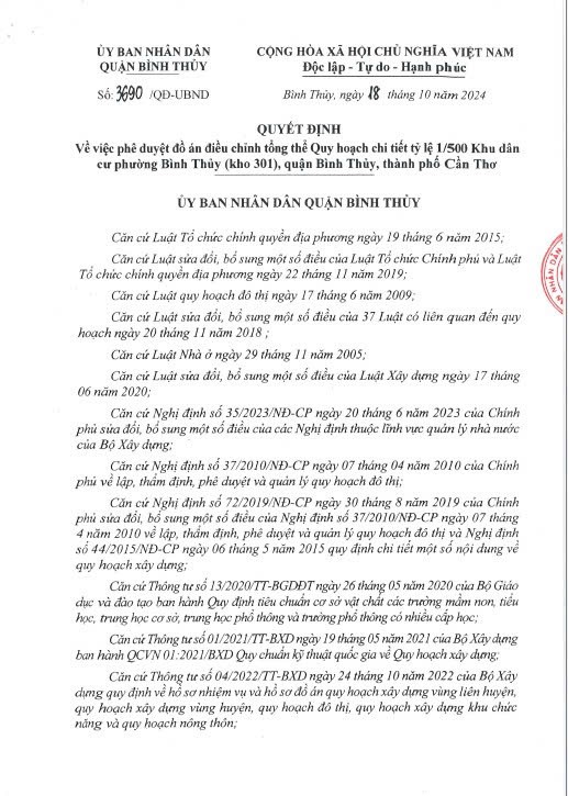 Quyết định số 3690/QĐ-UBND của UBND Q.Bình Thủy v/v điều chỉnh tổng thể Quy hoạch chi tiết tỷ lệ 1/500 Khu dân cư phường Bình Thủy Quyết định số 3690/QĐ-UBND của UBND Q.Bình Thủy v/v điều chỉnh tổng thể Quy hoạch chi tiết tỷ lệ 1/500 Khu dân cư phường Bình Thủy