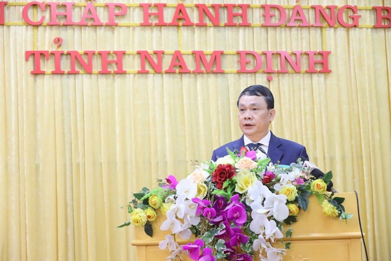 Ông Đặng Khánh Toàn, tân Bí thư Tỉnh ủy Nam Định phát biểu tại Hội nghị.