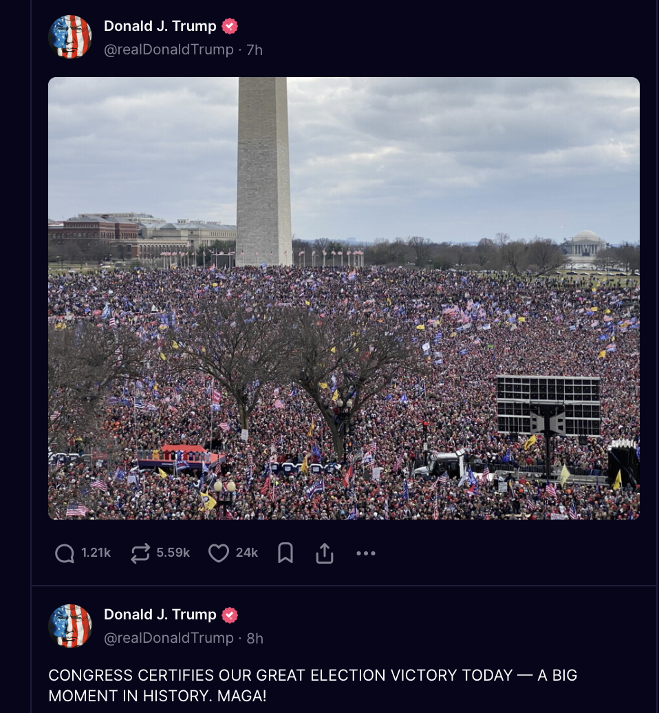 Tối 6/1, Tổng thống đắc cử Mỹ Donald Trump viết trên mạng xã hội Truth Social, nhấn mạnh: “Quốc hội đã chứng nhận chiến thắng bầu cử vĩ đại của chúng ta hôm nay - một khoảnh khắc lớn trong lịch sử. MAGA (viết tắt của cụm từ ‘Làm cho nước Mỹ vĩ đại trở lại’)!”. Ảnh chụp màn hình