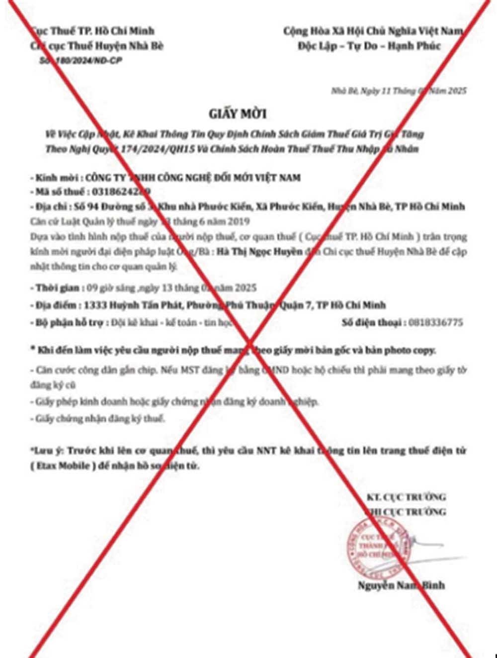 Một văn bản giả mạo cơ quan thuế gửi tới doanh nghiệp