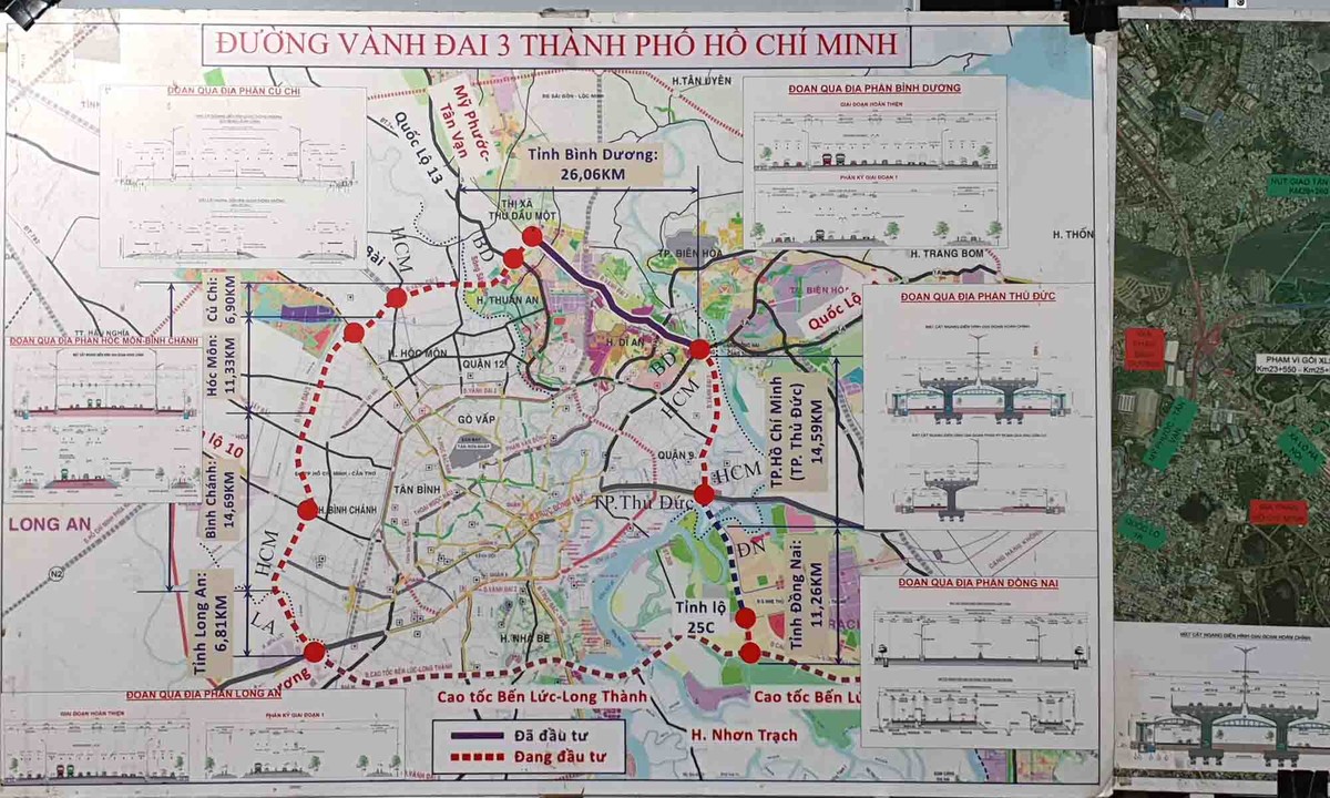 Dự án đường Vành đai 3 dài 76 km được các địa phương TP.HCM, Đồng Nai, Bình Dương, Long An khởi công từ tháng 6/2023. Dự án này đặt mục tiêu sẽ thông xe phần cao tốc cuối năm 2025 và hoàn thành toàn bộ dự án vào năm 2026.