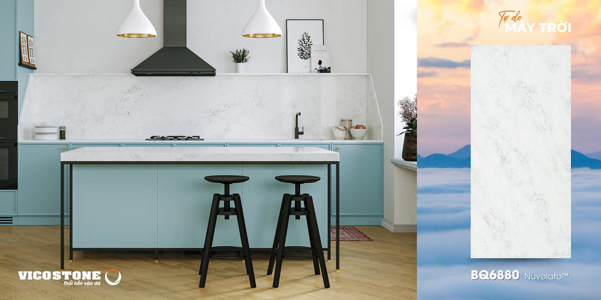 Đá VICOSTONE® Nuvolato™ BQ6880 nền màu trắng xám sang trọng, cùng các đường vân màu be và xám mềm mại, tái hiện những áng mây trôi bồng bềnh trên bầu trời là một trong những sản phẩm nổi bật trong BST.