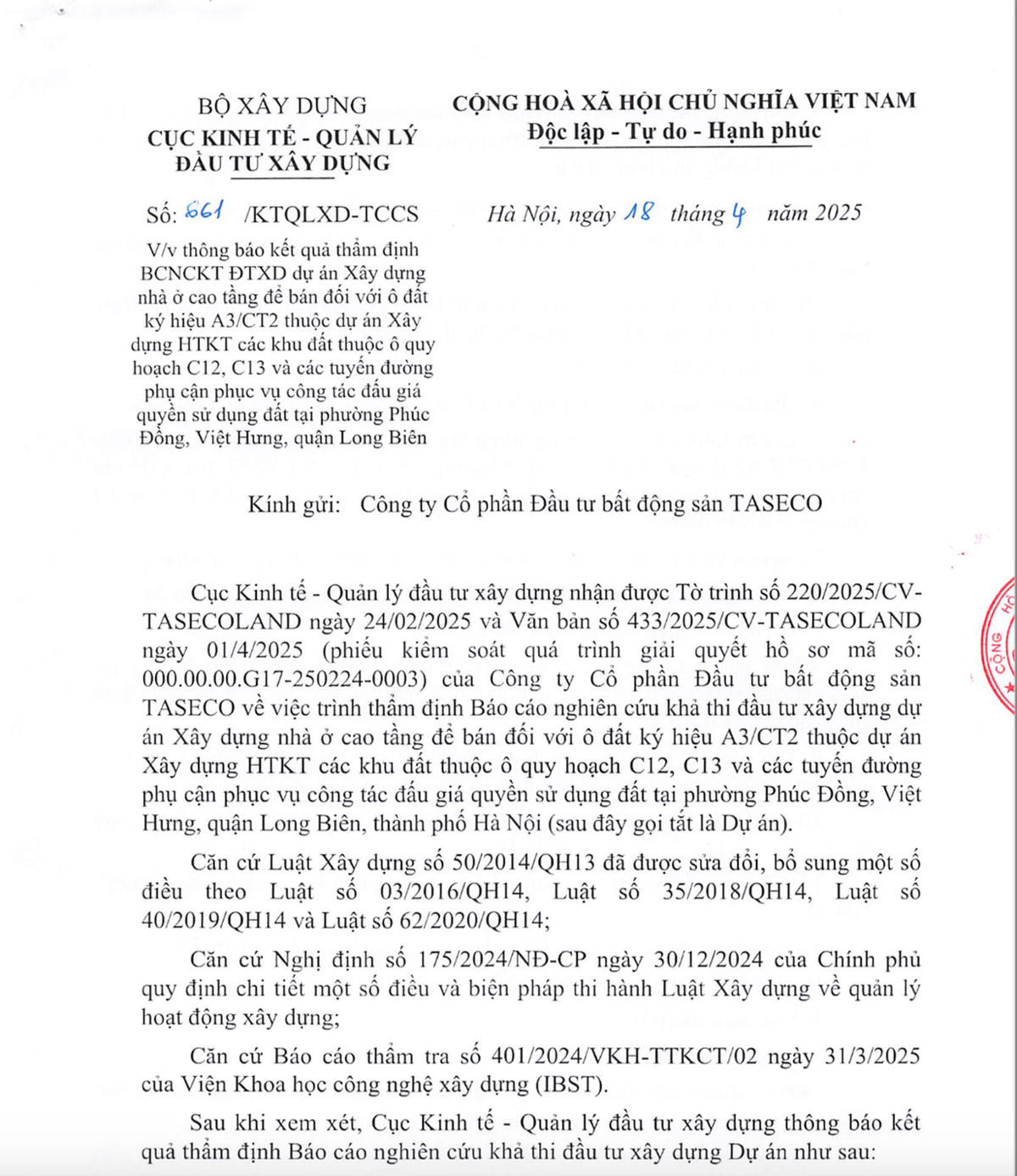 Kết quả thẩm định Báo cáo nghiên cứu khả thi đầu tư xây dựng Dự án của Cục Kinh tế - Quản lý đầu tư