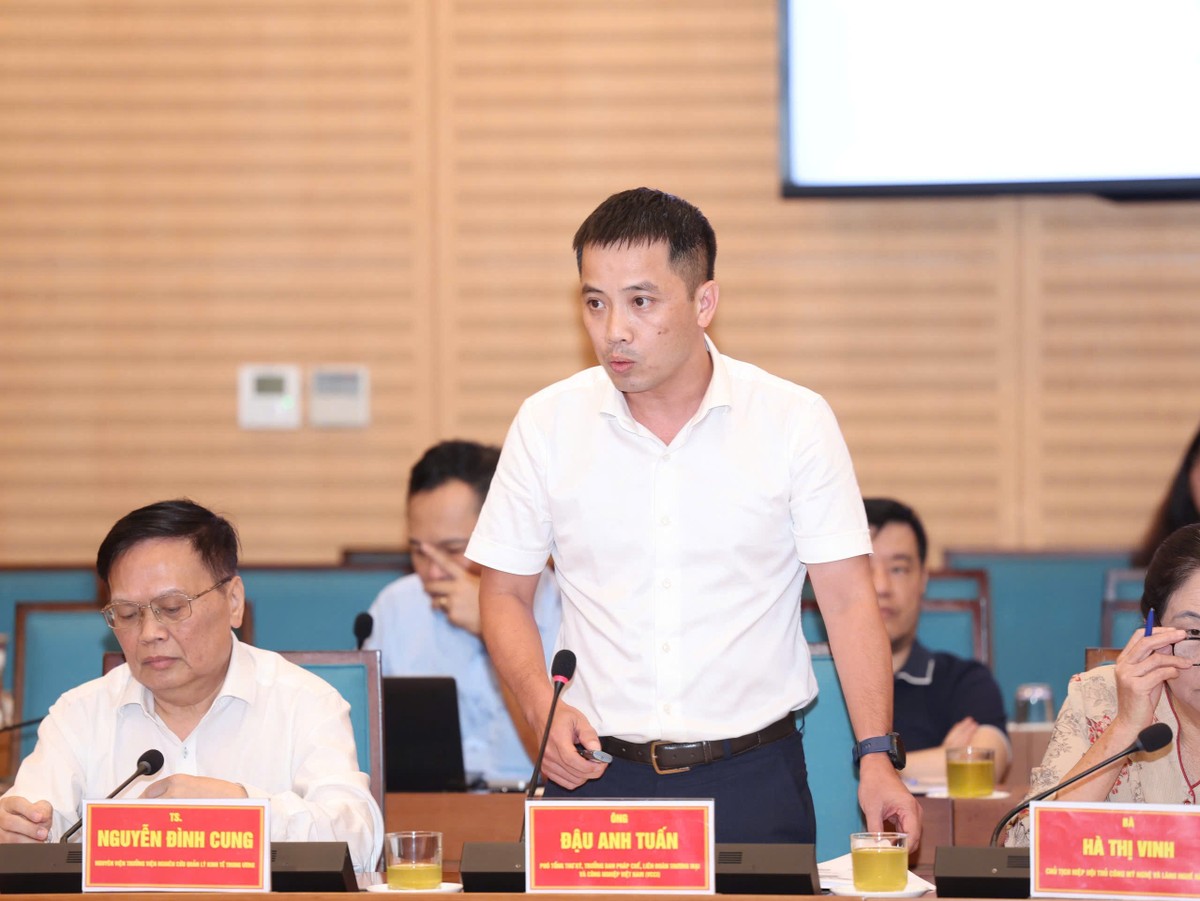 Ông Đậu Anh Tuấn, Phó Tổng Thư ký kiêm Trưởng ban Pháp chế, Liên đoàn Thương mại và Công nghiệp Việt Nam phát biểu. Ảnh: Viết Thành