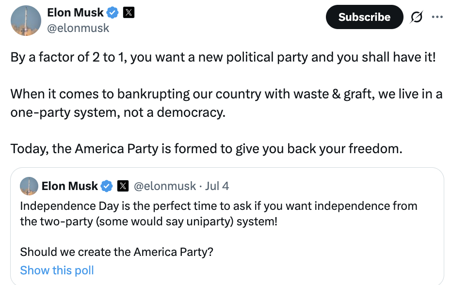 Tuyên bố thành lập đảng Nước Mỹ của tỷ phú công nghệ Elon Musk trên tài khoản mạng xã hội X. Ảnh chụp màn hình