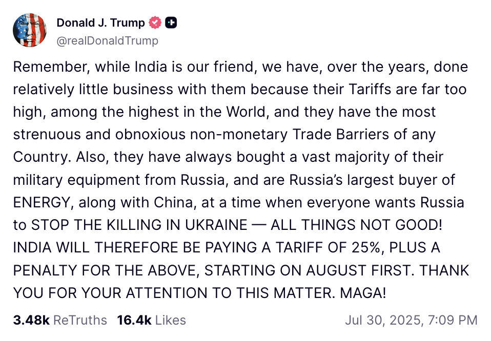 Thông báo của Tổng thống Mỹ Donald Trump trên mạng xã hội Truth Social về việc áp mức thuế 25% cùng các hình phạt bổ sung đối với Ấn Độ vì nước này tiếp tục duy trì quan hệ thương mại với Liên bang Nga. Ảnh chụp màn hình