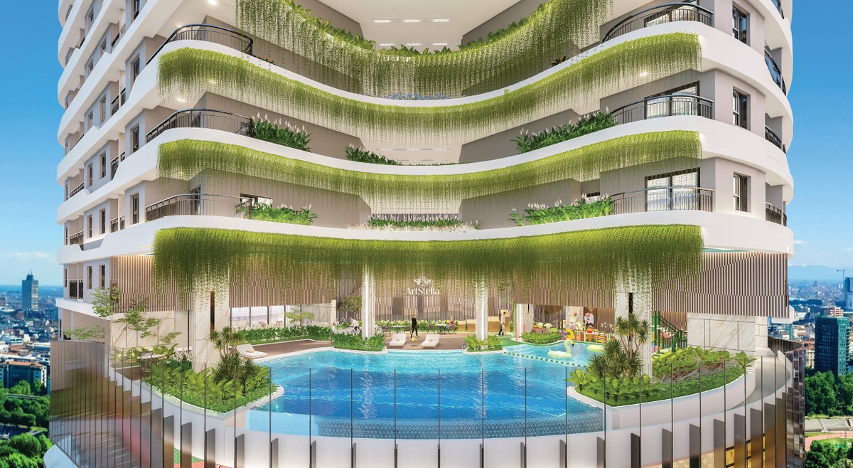 Một góc phối cảnh kiến trúc oval độc đáo và vườn treo xuyên tầng của ArtStella Một góc phối cảnh kiến trúc oval độc đáo và vườn treo xuyên tầng của ArtStella