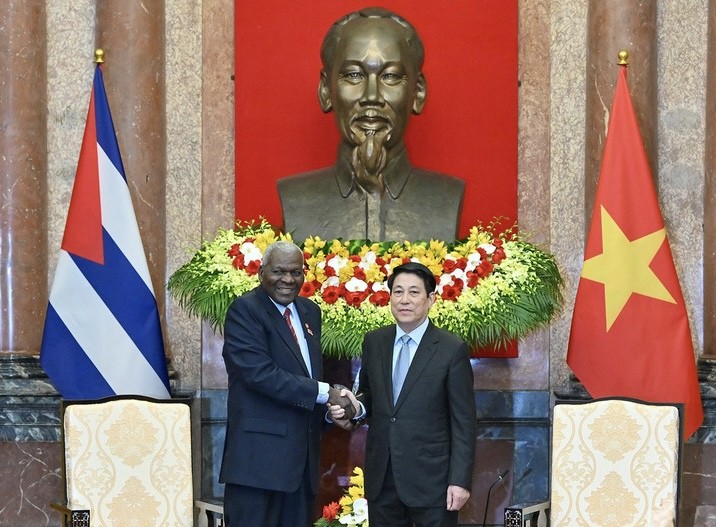 Chủ tịch nước Lương Cường và Chủ tịch Quốc hội Cuba Esteban Lazo Hernandez tại buổi tiếp.