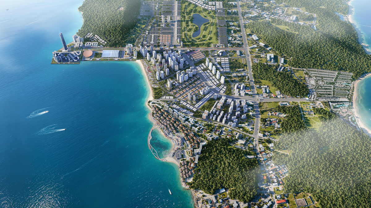 Ảnh phối cảnh quần thể phục vụ APEC 2027 tại Phú Quốc, bao gồm các khách sạn thương hiệu Conrad, Hilton và DoubleTree by Hilton