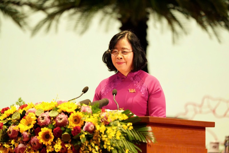 Bí thư Thành ủy Hà Nội Bùi Thị Minh Hoài phát biểu khai mạc Đại hội.