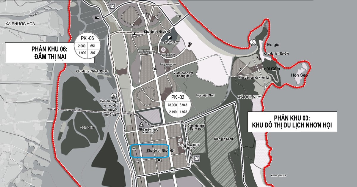 Vị trí được đề xuất quy hoạch Khu Trung tâm Hành chính tỉnh (khoanh màu xanh) có quy mô diện tích 50 ha. Ảnh: Một phần Bản đồ Quy hoạch chung Khu kinh tế Nhơn Hội đến năm 2040.