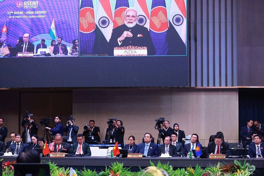 Thủ tướng Narendra Modi khẳng định Ấn Độ ủng hộ các ưu tiên của ASEAN về bao trùm và bền vững, trong đó nhấn mạnh hợp tác chuyển đổi số, an ninh lương thực, chuỗi cung ứng bền vững và kinh tế xanh - Ảnh: TTXVN.