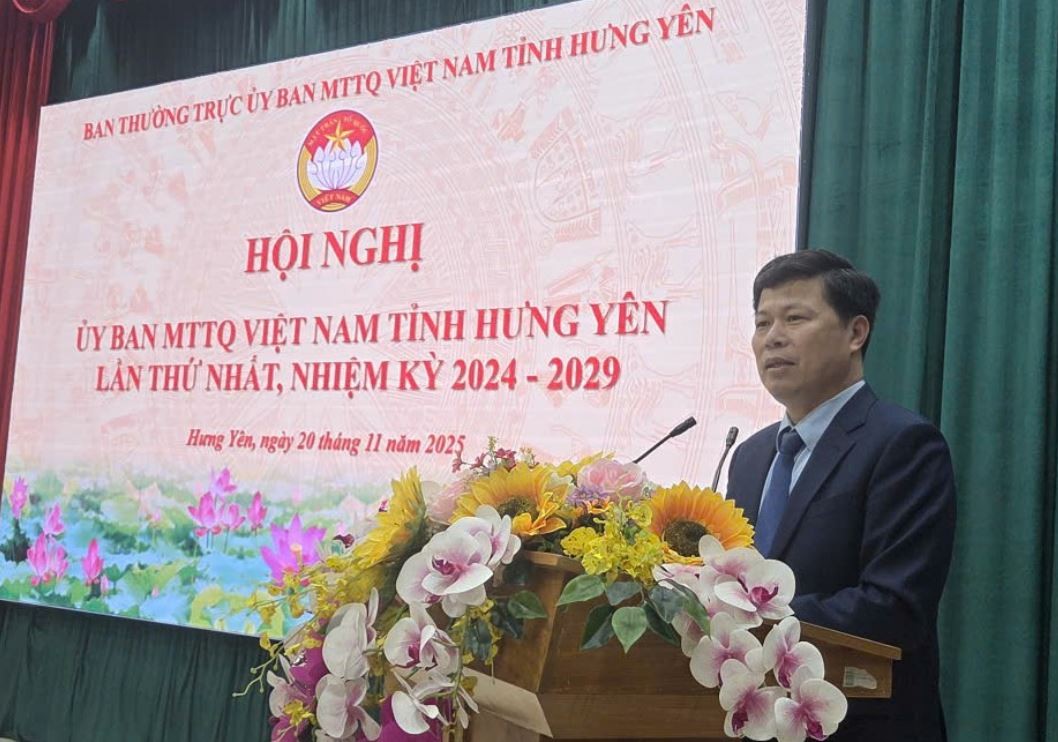 Tân Chủ tịch Ủy ban MTTQ Việt Nam tỉnh Hưng Yên Trần Quốc Toản phát biểu tại hội nghị.