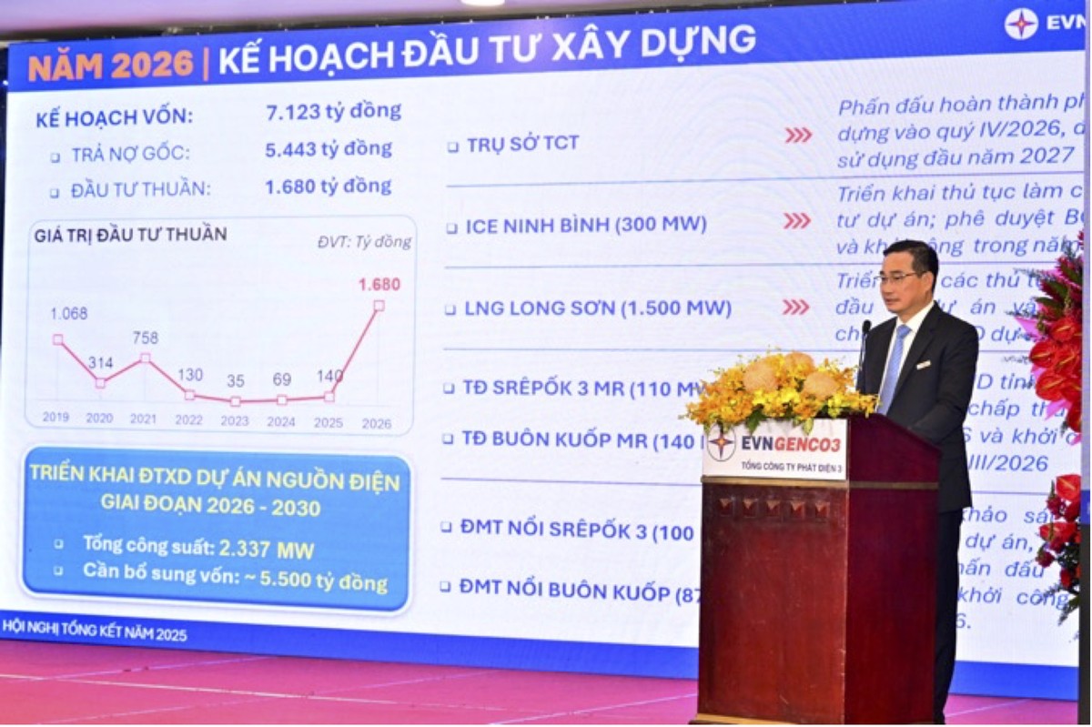 Ông Lê Văn Danh - Thành viên HĐQT, Tổng giám đốc EVNGENCO3 báo cáo tại hội nghị.