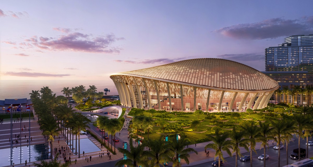 Nhà biểu diễn đa năng với phần mái lấy cảm hứng từ vảy rồng cùng 50 cột trụ, gợi nhắc truyền thuyết Con Rồng cháu Tiên của Việt Nam.