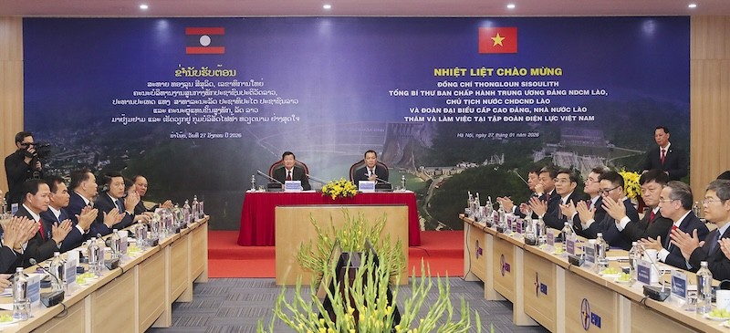 Đoàn đại biểu cấp cao Đảng, Nhà nước Lào làm việc tại Tập đoàn Điện lực Việt Nam. Ảnh: Ng.Tuấn.