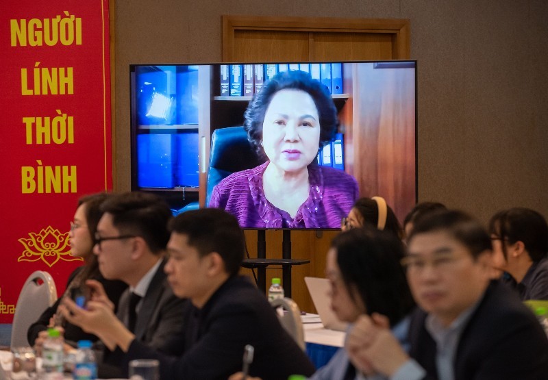 Bà Lý Kim Chi, Chủ tịch Hiệp hội Lương thực - Thực phẩm TP.HCM (FFA) phát biểu qua kênh trực tuyến