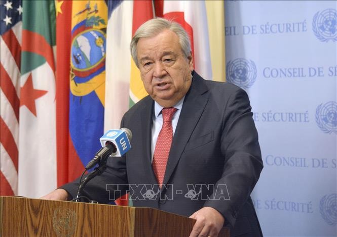 Tổng thư ký LHQ Antonio Guterres phát biểu họp báo tại New York, Mỹ. Ảnh tư liệu: THX/TTXVN