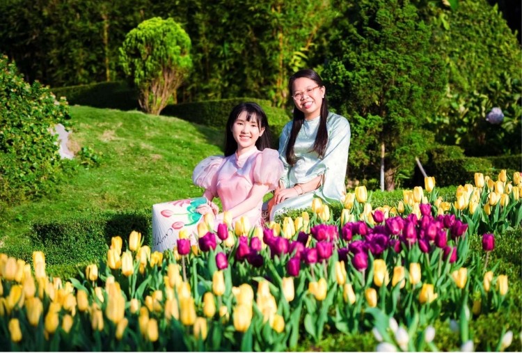 Du khách check-in tại vườn hoa Tulip trên núi Bà Đen.
