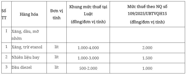 Mức thuế đối với xăng, nhiên liệu bay, dầu diesel hiện nay.
