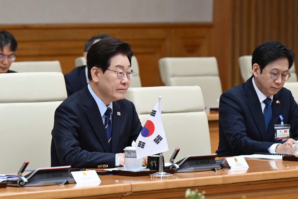 Tổng thống Lee Jea Myung phát biểu tại buổi hội kiến. Ảnh: Đức Thanh.