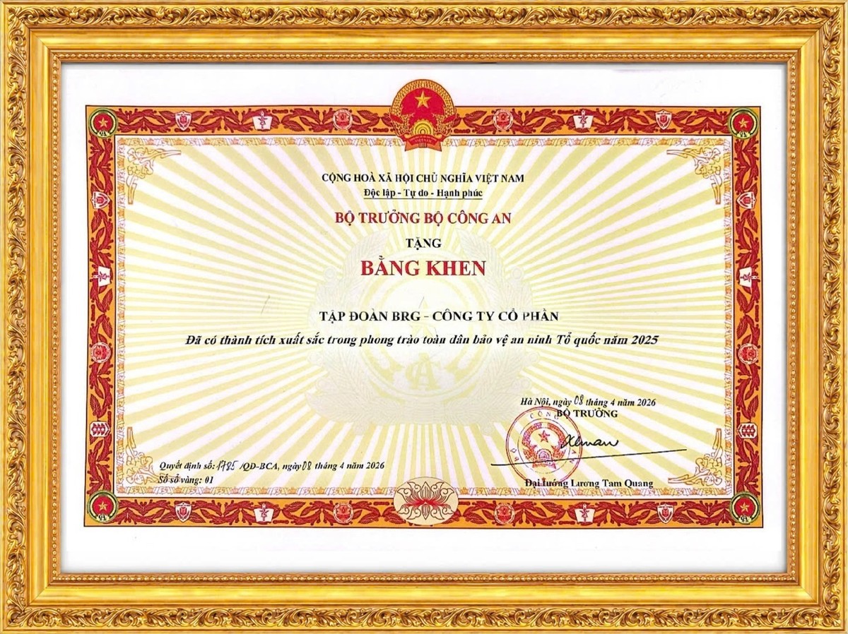 Bằng khen của Bộ Công An trao tặng Tập đoàn BRG tại Hội nghị tổng kết Phong trào Bảo vệ An ninh Tổ quốc năm 2025