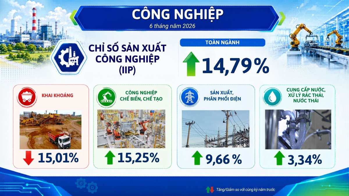 6 tháng đầu năm 2026, sản xuất công nghiệp thành phố Hải Phòng tiếp tục tăng trưởng với IIP tăng 14,79% so với cùng kỳ năm trước, là năm thứ năm liên tiếp tăng hai con số và chỉ thấp hơn mức tăng của năm 2024 (14,87%).