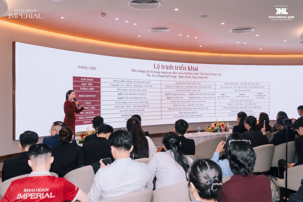 Đặc biệt, định vị “Biểu tượng căn hộ hạng sang trực diện AEON Mall Thuận An” được nhấn mạnh, khẳng định dấu ấn khác biệt và vị thế nổi bật của Khải Hoàn Imperial trên thị trường.
