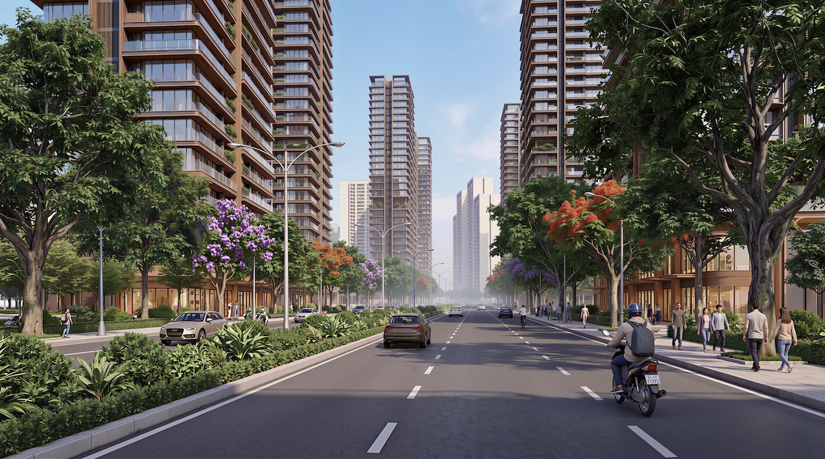 Phối cảnh hệ thống đường giao thông tại Vĩnh Hưng được nâng cấp, mở rộng sau tái thiết.