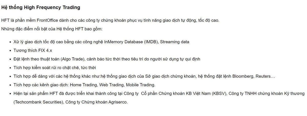 FSS cung cấp sản phẩm HFT cho các CTCK, phục vụ tính năng giao dịch tự động, tốc độ cao.