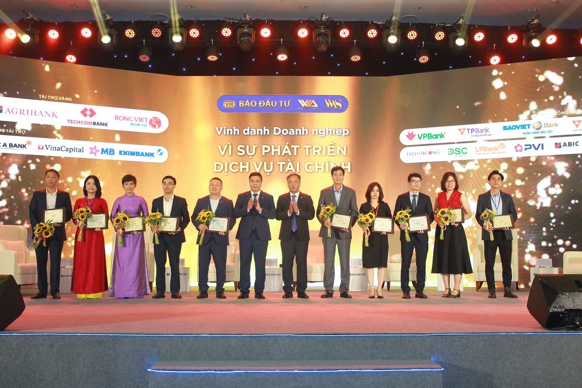 Đại diện Rồng Việt (thứ tư từ trái sang) đón nhận danh hiệu Vì sự phát triển dịch vụ tài chính