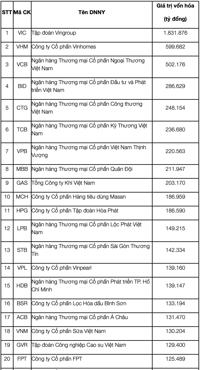 Top 20 cổ phiếu có vốn hoá lớn nhất HOSE.