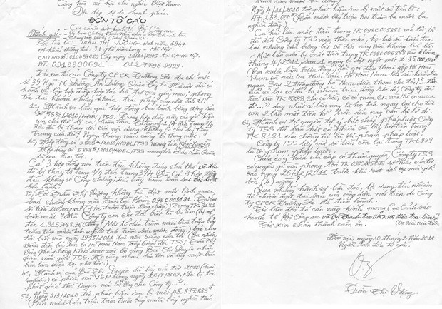 Đơn tố cáo CTCK Trường Sơn của nhà đầu tư Trần Thị Vượng