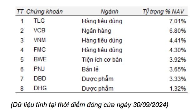 Danh mục cổ phiếu của TBLF tính tới cuối tháng 9/2024