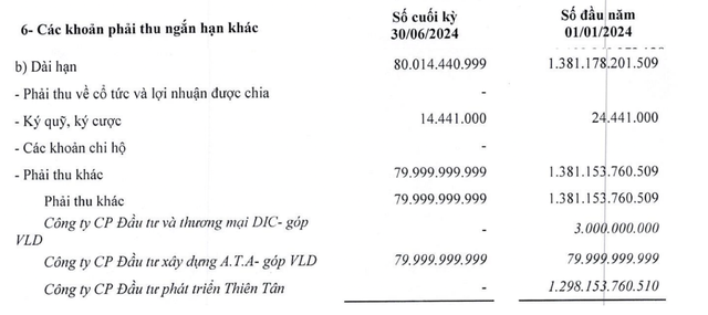 Phải thu khác dài hạn trong nửa đầu năm 2024 giảm mạnh do phải thu CTCP Đầu tư Phát triển Thiên Tân giảm mạnh