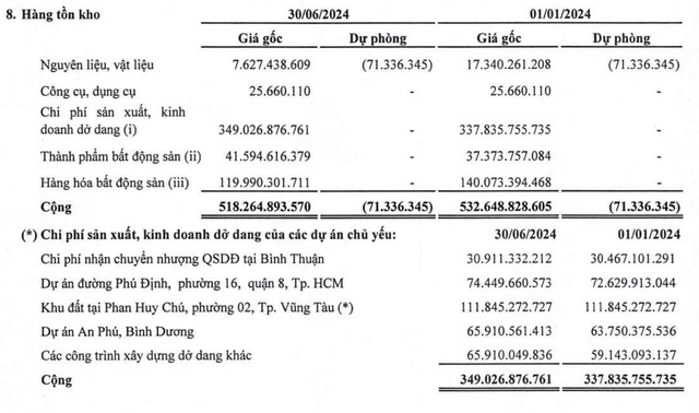 Cơ cấu tồn kho của Saigonres tại thời điểm 30/6/2024