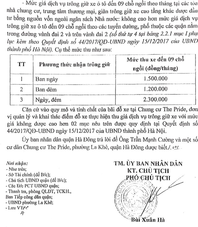 Phản hồi của UBND Quận Hà Đông về giá dịch vụ trông giữ xe tại bãi đỗ xe chung cư The Pride. Phản hồi của UBND Quận Hà Đông về giá dịch vụ trông giữ xe tại bãi đỗ xe chung cư The Pride.