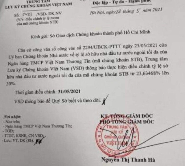 Văn bản nới room ngoại cho Ngân hàng Việt Nam Thương Tín (VietBank - mã chứng khoán VBB), nhưng VSD nhầm thành STB.