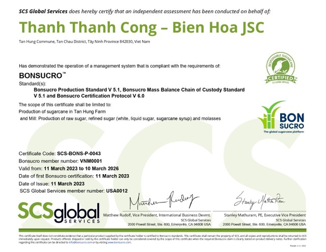 Nhà máy TTCS và Nông trường Tân Hưng, trực thuộc TTC AgriS vinh hạnh được Bonsucro chứng nhận đạt đủ các tiêu chuẩn về quy trình sản xuất, tiêu chuẩn nguồn gốc của sản phẩm