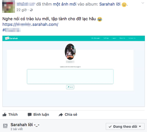 Ứng dụng nhắn tin nặc danh Sarahah càn quét mạng xã hội ảnh 1 Ứng dụng nhắn tin nặc danh Sarahah càn quét mạng xã hội ảnh 1