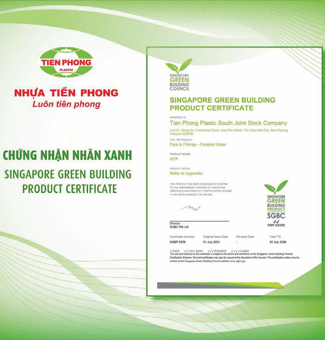 Năm 2024, Tiền Phong Nam đạt Chứng nhận Sản phẩm Công trình Xanh Singapore. Năm 2024, Tiền Phong Nam đạt Chứng nhận Sản phẩm Công trình Xanh Singapore.