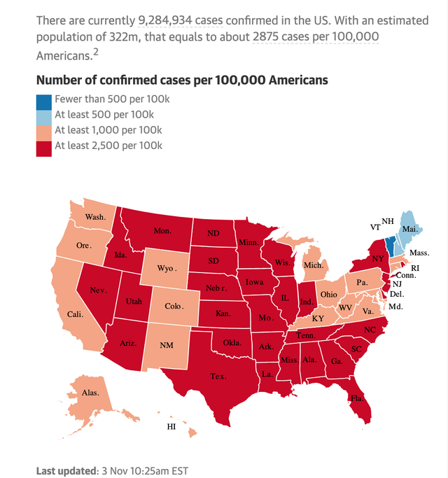 Bản đồ tỷ lệ ca nhiễm bệnh/100.000 người tại Mỹ